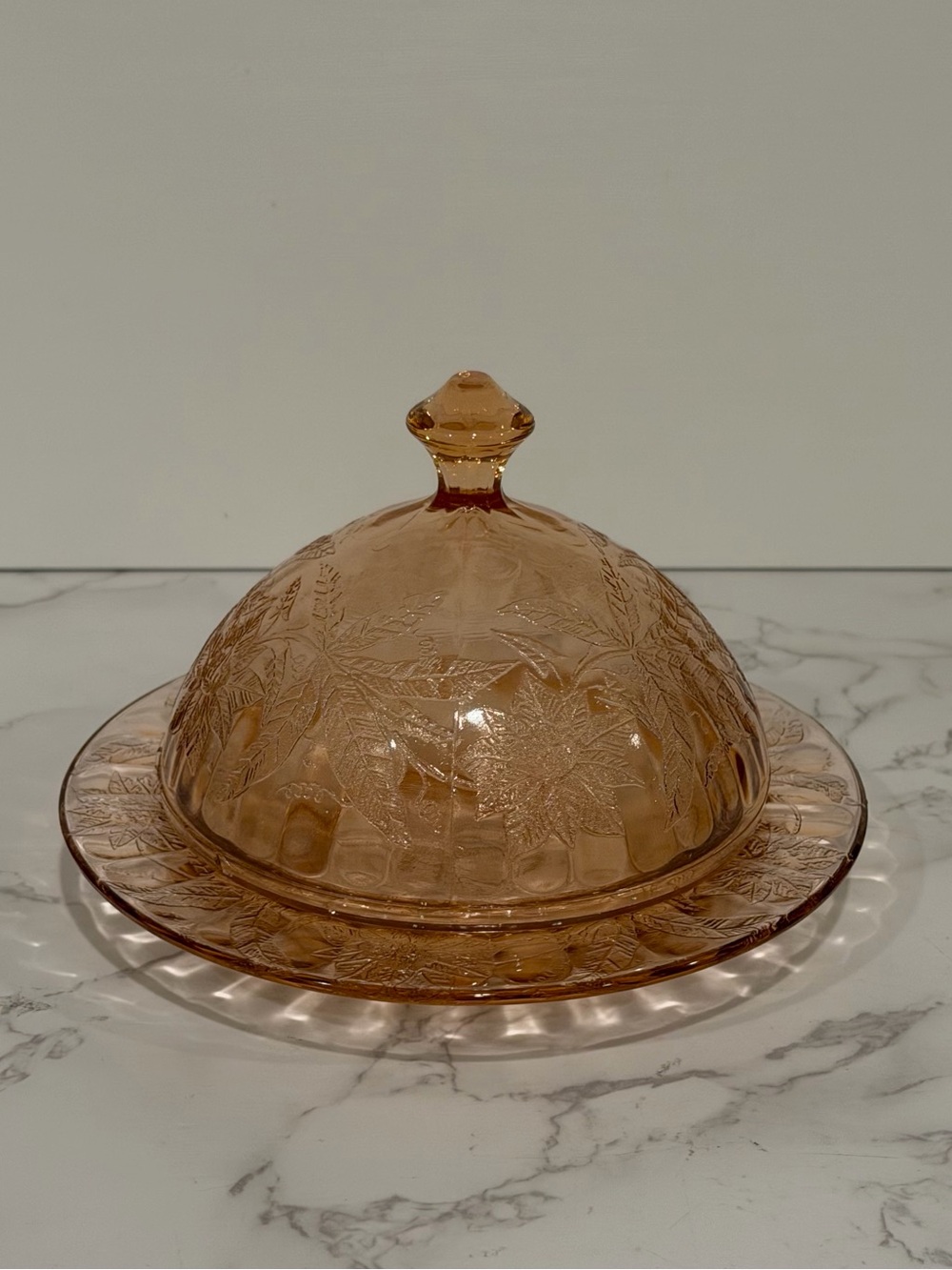 Vintage Jeannette Pink Depression Glass Poinsettia Covered Butter Dish Floral